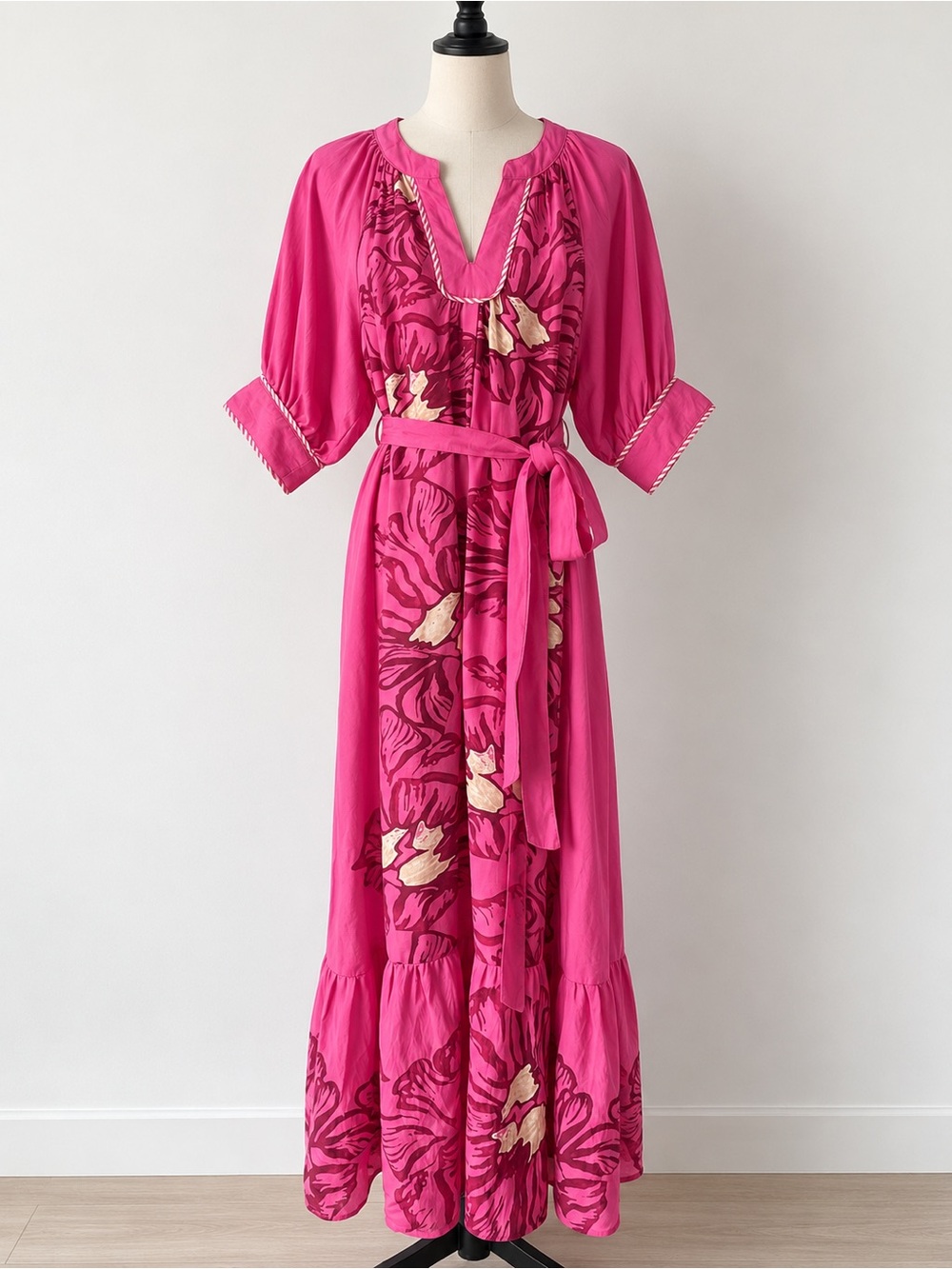 Umgee Pink Floral Maxi Dress Belted Boho Size M